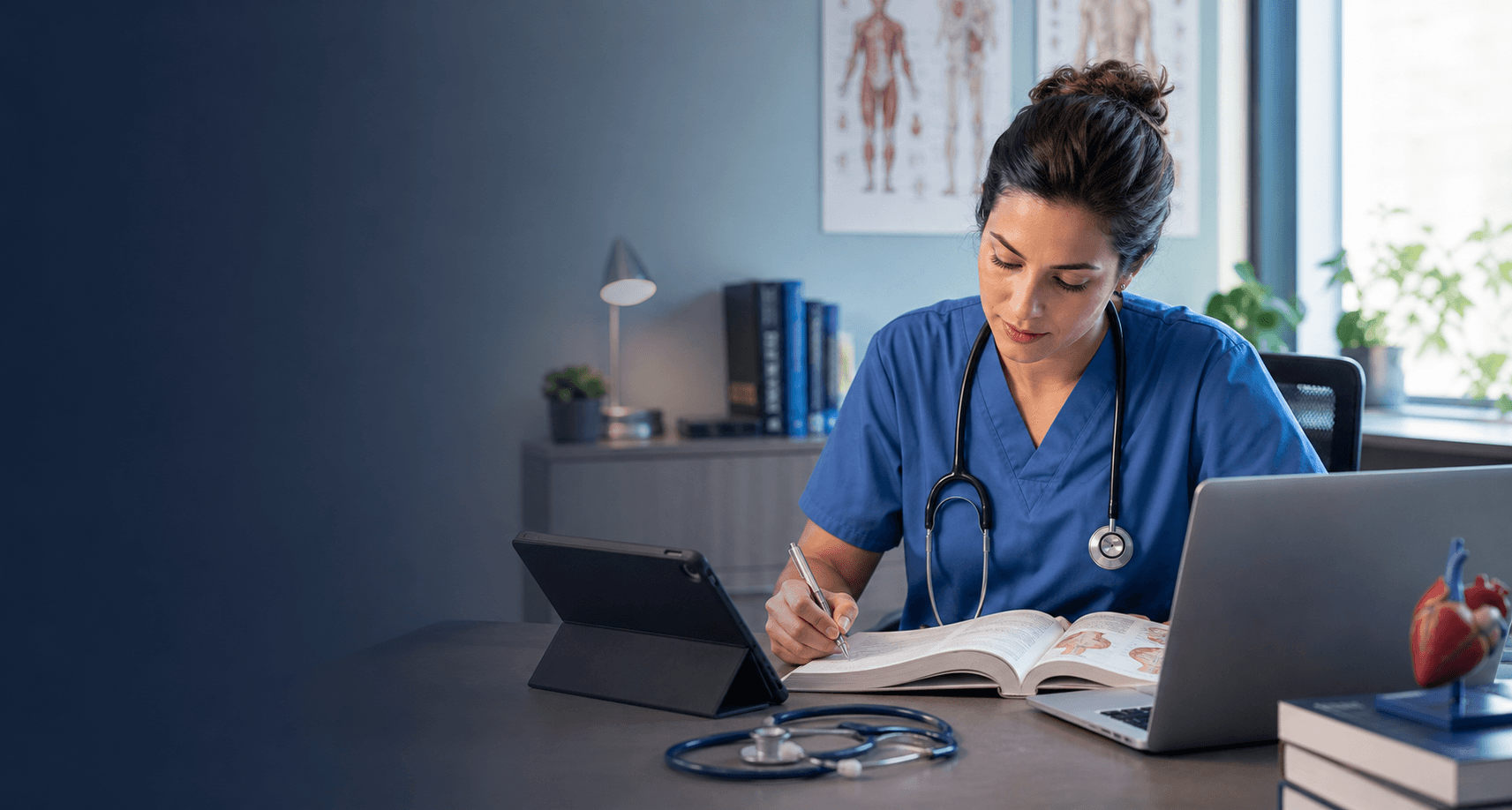 Healthcare professional studying for a medical certification exam with clinical reference materials